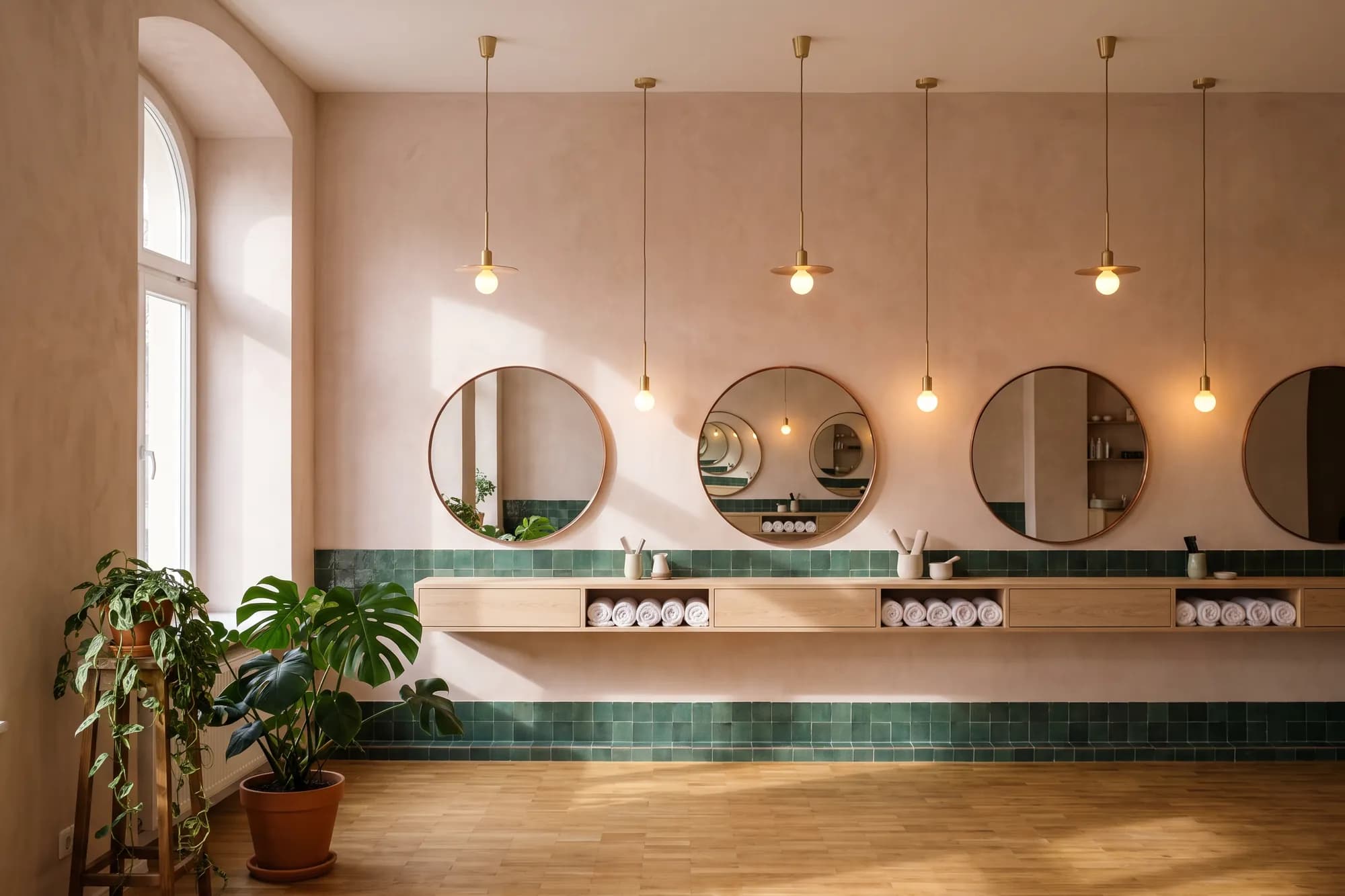 Symbolbild: heller Friseursalon mit runden Spiegeln in Kupferrahmen, Holztresen und grüner Fliesenkante.